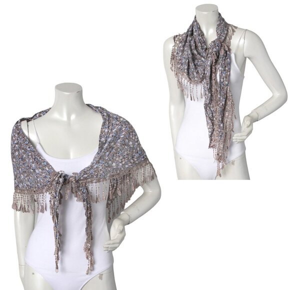 Ditsy Floral Tassel Scarf Shawl Boho Wrap Taupe Blue White - Picture 1 of 6